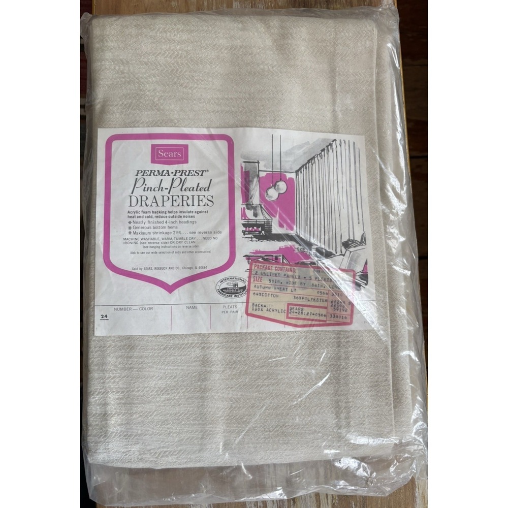 Vintage NOS NIP Sears pinch pleated drapes curtains one pair beige mid century